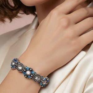 Vintage Pink & Blue Rhinestone Stretch Bracelet – Antiqued Silver Tone floral